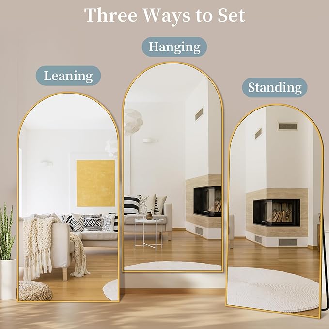 Full Length Mirror with Stand, 72"x44" Arched Full Body Mirror, Large Stand Up Aluminum Frame Floor Freestanding Hanging Leaning Mounted for Bedroom Living Room Entryway Gold