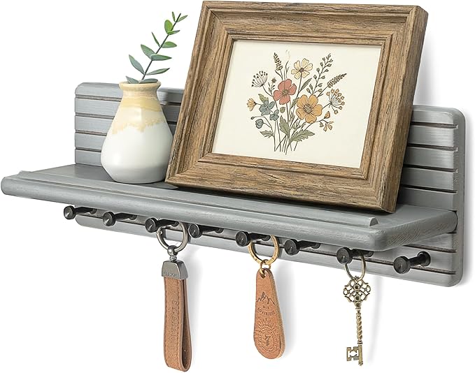 Rebee Vision Stylish Key Holder Wall Mount for Room Decor – Farmhouse Key Hanger with 8 Durable Hooks & Floating Shelf – Modern Hanger Organizer for Entryway, Living Room, or Office Decor (Gray)