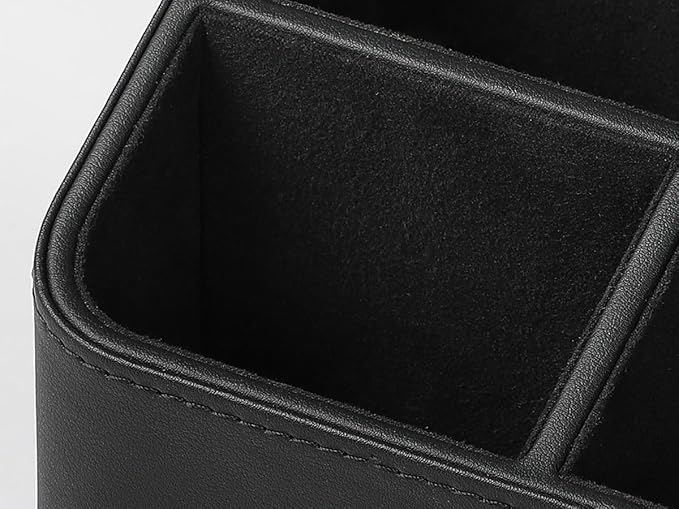 Remote Control Holder, PU Leather Small Desk Organizer with 4 Compartments, Nightstand Organizer Office Desk Accessories Desk Caddy for Countertop Bedside End Table (Black)