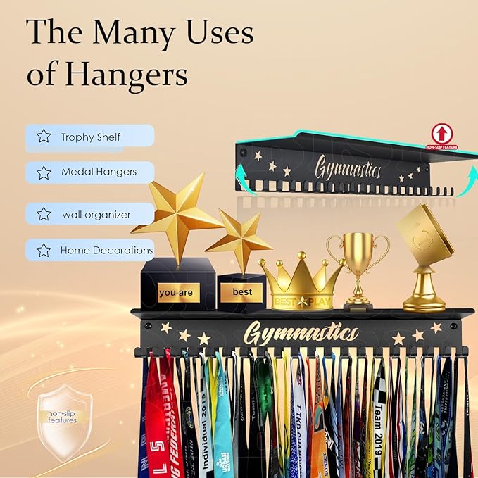 iBobbish Metal Medal Hanger Display,Non-Slip Trophy Shelf with 20 Hooks,Wall Mount,Heavy Duty,Non-Bent,Holds 22-33lbs,for Gymnastics,Race,Soccer,Swim