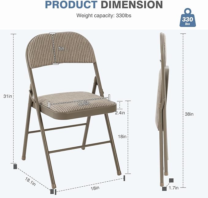 DUMOS 8 Pack Folding Chairs with Padded Cushion and Back - Fabric Stackable Portable Dining Chairs Set, for Home and Office, Conference, Wedding, Party, Patio, Garden, for Indoor Outdoor, Khaki