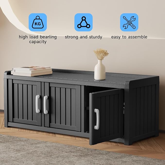 3 Doors Shoe Bench, Waterproof & UV-Resistant, Resin Shoe Cabinet Indoor & Outdoor Use, Entryway Bench with Adjustable Shelves & Hidden Storage Space for Bedroom, Hallway, Grey