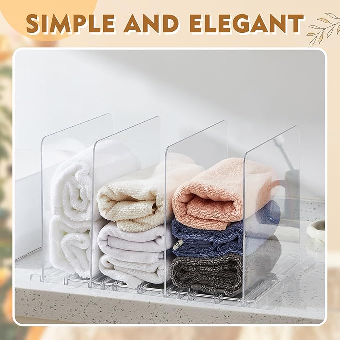 LEIFIDE Interlocking Towel Organizer Set Adjustable Clear Towel Storage Shelf for Bathroom, Plastic Dividers Storage Holder Organizer for Home, Bathroom, Cabinet, Closet, Space Saving