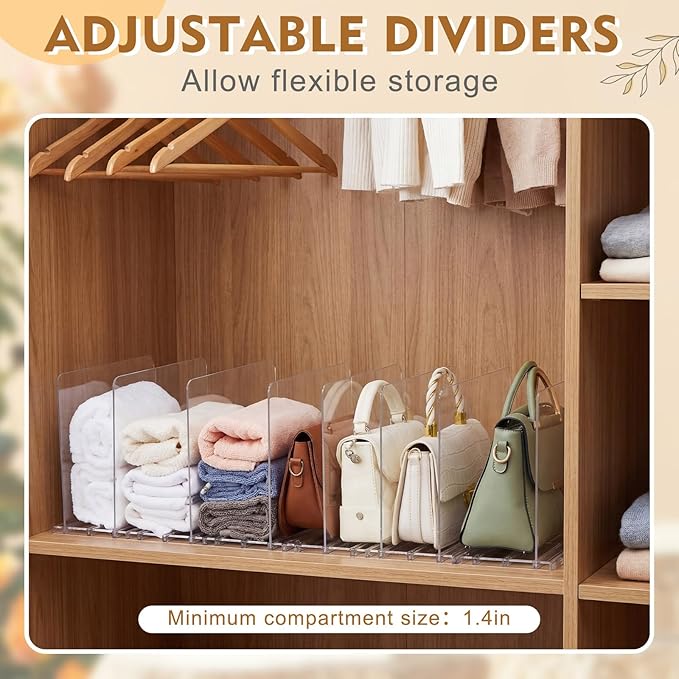 LEIFIDE Interlocking Towel Organizer Set Adjustable Clear Towel Storage Shelf for Bathroom, Plastic Dividers Storage Holder Organizer for Home, Bathroom, Cabinet, Closet, Space Saving