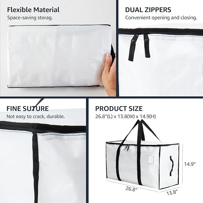 Moving Bags Heavy Duty Extra Large, Moving Boxes, Moving Supplies Essentials, Blue Storage Bins with Lids, Plastic Packing Totes, Storage Bags for Clothes with Handles & Zippers(White, 12 Pack)