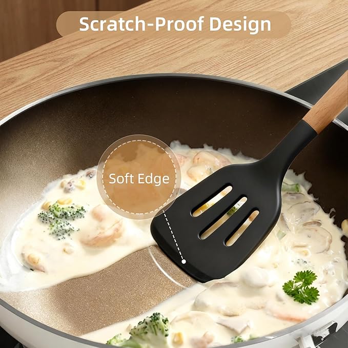 Silicone Cooking Utensils Set, 33PCS/446°F Heat Resistant Food Grade Silicone Kitchen Gadgets, Spatula Set w Holder, for Nonstick Cookware (Black)