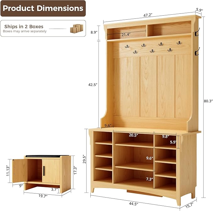 IRONCK 80" H 47" W Large Hall Tree with Bench and Shoe Storage, 6-in-1 Entryway Bench with Coat Rack, Adjustable Shelf, Hanging Hooks, 11 Shoe Cubbies, 2-Tier Top Storage for Entryway and Bedroom, Oak