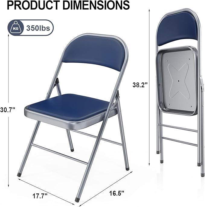 VINGLI 1 Pack Folding Chairs with Padded Seats, Metal Frame with Pu Leather Seat & Back, Capacity 350 lbs, Set of 1, Blue
