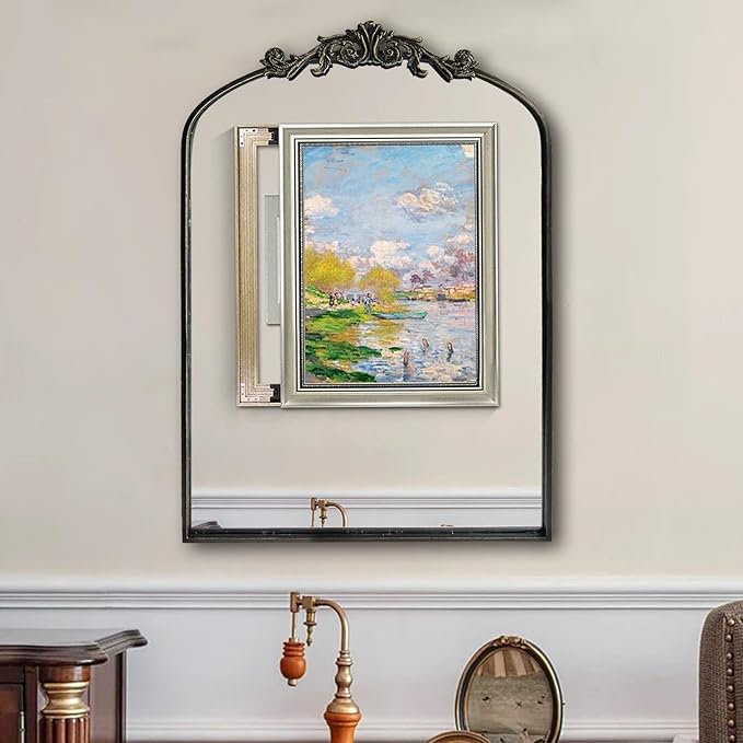 HQiJun Black Vintage Wall Mirror Window Decorative Traditional Mirrors Antique Arched Farmhouse for Living Room Bedroom Entryway Bathroom Vanity (36 * 24 * 1.2, Black)