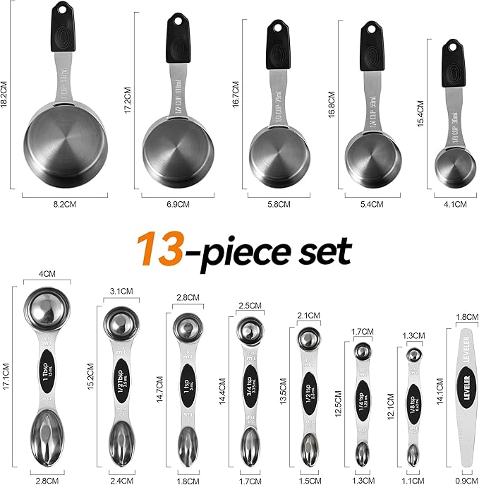 Measuring Cups and Spoons Set – 5 Nesting Magnetic Measuring Cups, 8 Double-Sided Magnetic Measuring Spoons with Leveler, 13-Piece Stainless Steel Kitchen Measuring Set for Baking & Cooking