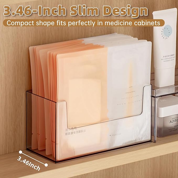 PAVSTINE 2 Pack Clear Medicine Cabinet Organizer, Slim Open Face Mask Storage Box for Sheet Masks and Skincare, Space-Saving Makeup Holder for Bathroom, Vanity, Countertop