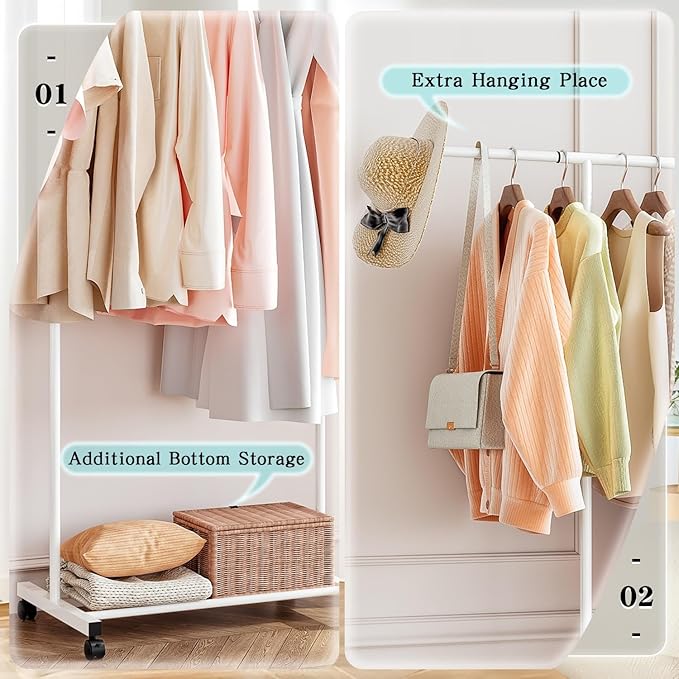 SUOERNUO Clothes Rack with Wheels Rolling Clothing Rack for Hanging Clothes, Portable Metal Garment Rack for Bedroom Laundry Living Room (White, 59.05"*15.75"*59.45")