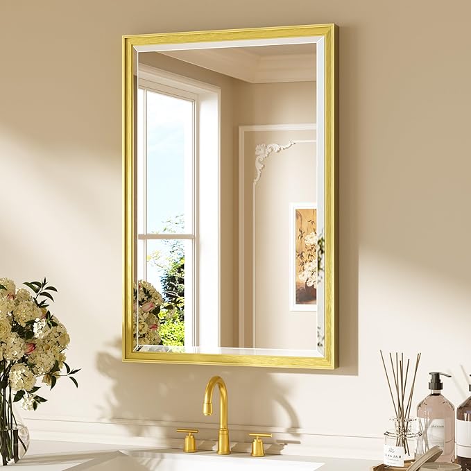 Keonjinn 20" x 30" Gold Bathroom Mirrors for Over Sink, Decorative Aluminum Alloy Frame, Beveled Tempered Glass, Shatterproof, Rectangle Transitional Gold Vanity Mirror for Wall(Vertical/Horizontal)