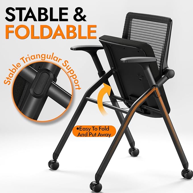 Foldable Office Chair Set of 2 with PU Wheels Ergonomic Mesh Bouncing Back, Stackable Conference Room Chair, Office Guest & Reception & Meeting Chair (Black)