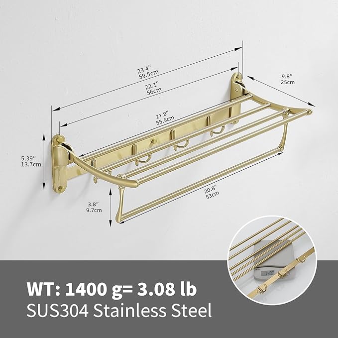 BESy 24 Inch Brushed Gold Towel Racks, Bathroom Towel Shelf with Foldable Towel Bar Holder and Towel Hooks, Wall Mounted Multifunctional Bathroom Accessories, Double Towel Bars