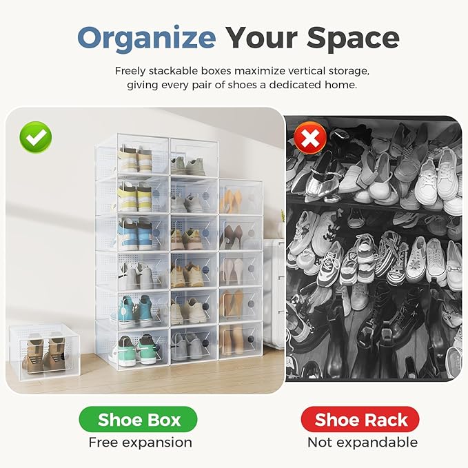 OLIXIS Shoe Storage Boxes, 15-Pack Clear Stackable Shoe Organizers with Lids, Sneaker Display and Storage Containers for Closet, Under Bed, Entryway, White