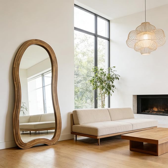 Large Irregular Floor Mirror, 67"x31.5" Organic Shaped Mirrors with Triple-Layer Solid Wood Frame, Asymmetrical Full Length Mirror for Entryway Living Room Bedroom Hallway, Leaning/Hanging