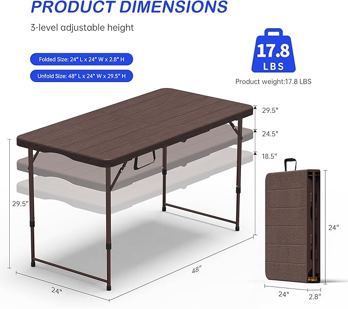 VSOAEIL Set of 2 Folding Table 4 Foot for Indoor Outdoor, Portable Heavy Duty Fold-in-Half Utility Small Plastic Adjustable Height Folding with Carrying Handle for Picnic and Party, 2 Pack Brown