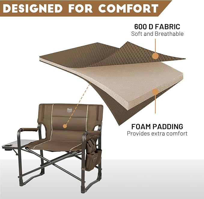 Timber Ridge XXL Upgraded Oversized Directors Chairs with Foldable Side Table, Detachable Side Pocket, Heavy Duty Folding Camping Chair up to 600 Lbs Weight Capacity (Brown) Ideal Gift