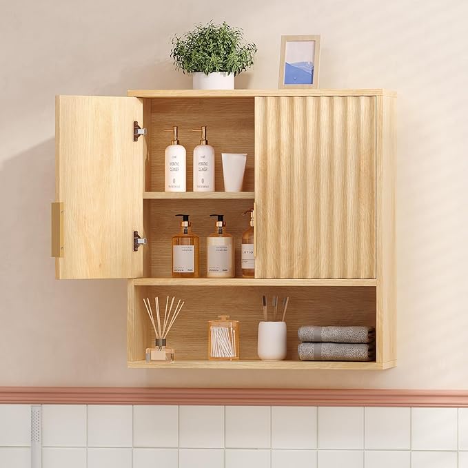 VINGLI Bathroom Wall Cabinet with Fluted Doors, Natural Oak Wall Mounted Medicine Cabinet with Adjustable Shelf, Over The Toilet Storage Cabinet for Bathroom, Kitchen & Laundry Room