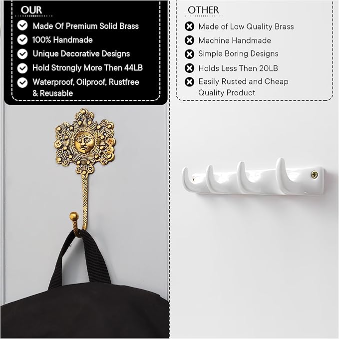 Indian Shelf 33Lb. 3 Pieces Decorative Gold Sunflower Hooks Brass Wall Key Holder Vintage Golden Home Decor Sun Wall Coat Hook