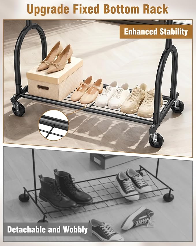 EAGMAK Heavy Duty Clothes Rack for Hanging Clothes Load 424 LBS, Height Adjustable Rolling Clothing Racks, Portable Metal Coat Rack Garment Wardrobe with Wheels and Shelves for Bedroom Laundry, Black