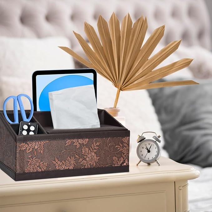 Marte Vanci Leather Tissue Box Cover Rectangular Multifunctional Tissue Holder with Remote Control Caddy Dryer Sheet Dispenser Facial Napkin Organizer for Desk Bedside Table Nightstand Vanity (Retro)