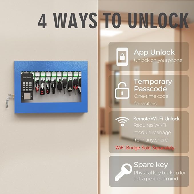 WeHere 24 Key Lock Box Wall Mount, Securty Key Cabinet with Key Tags, Key Organizer Box for Business, Home, Office, Hote, Garage, APP Bluetooth/OTP/Fixed Code/Key/Wi-Fi Unlock, Tempered Glass Door