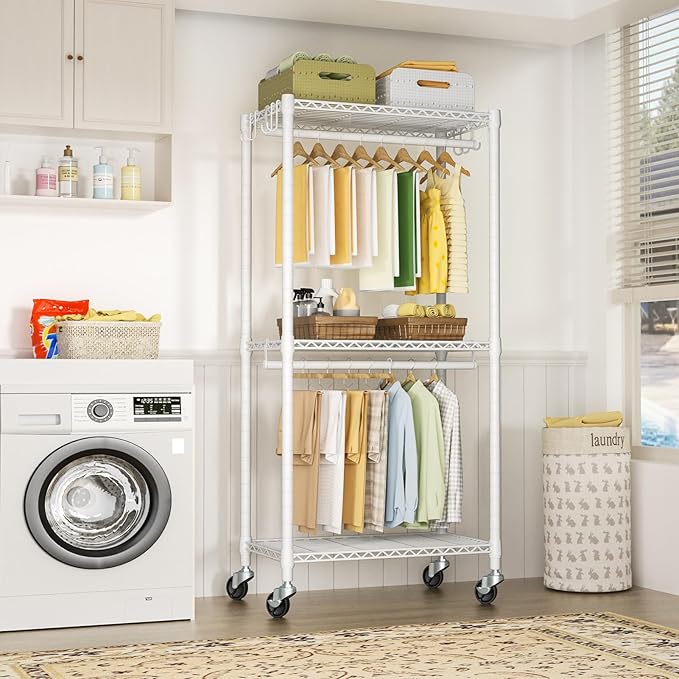 FUTASSI P3 Mini Rolling Clothes Rack, Clothing Racks for Hanging Clothes, Heavy Duty Garment Rack with Wheels, Freestanding Portable Closet Racks 23.6'' W x 14'' D x 78.5'' H, Max Load 430 Lbs, White
