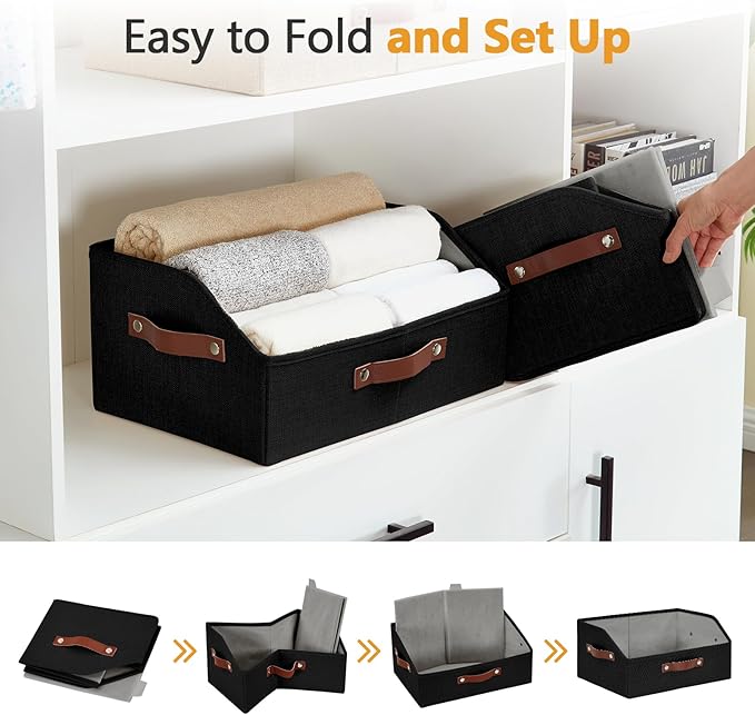 Bagnizer Closet Organizers and Storage, Linen Trapezoid Storage Bins with Handles, Collapsible Shelf Organizer for Blanket, Towel, Clothes, Hats, Purse (Black)
