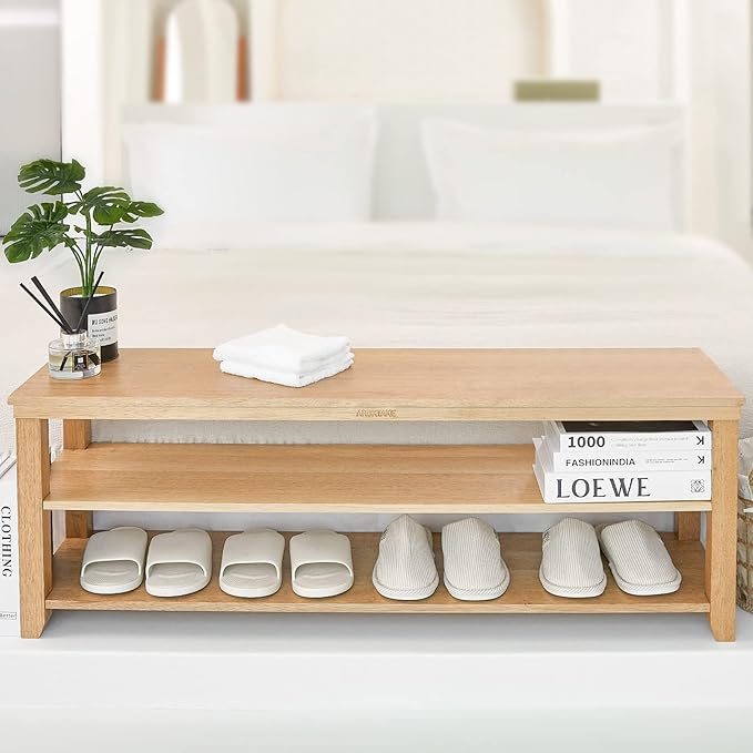 Shoe Rack Solid Wood Bench, 2-Tier Real Wooden Heavy Duty Shoe Storage Organizer Shelf for Entryway, Hallway, Mudroom, Living Room,Bedroom (Natural, 11.81"X39.4"X16.54")