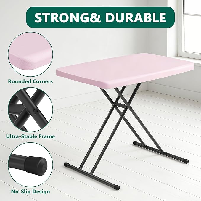 Folding Table 30 Inch - Small Desk Adjustable Height TV Tray for Laptop, Couch, Camping - Heavy Duty Utility Foldable Table for Small Spaces, No Assembly Required, Pink Granite