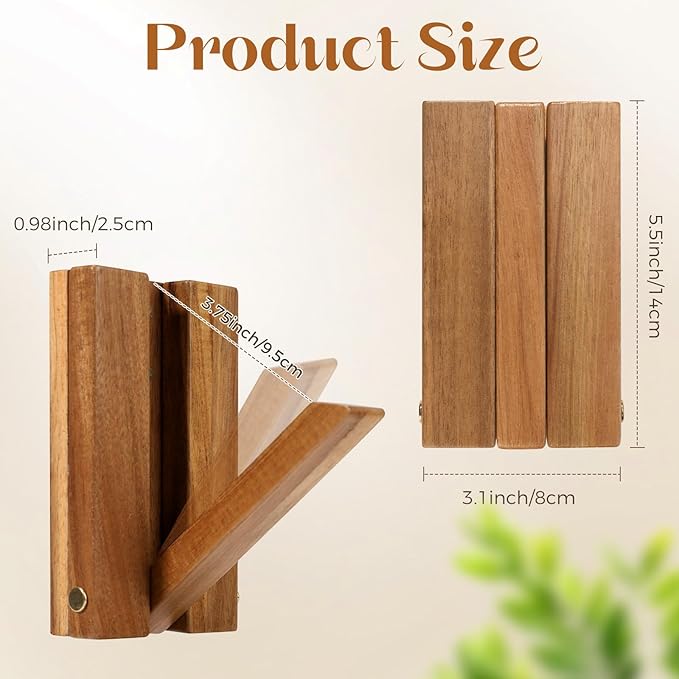 Stylish Wall-Mounted Coat Hat Hooks & Key Holder – Rustic Solid Wood, Space-Saving Retractable Design for Entryway & Bathroom - Heavy Duty 2-Pack Foldable Hooks for Towels, Bags & More