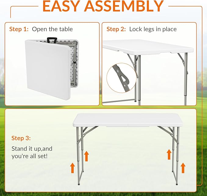 Elevon Folding Table Set with 4 Black Folding Chairs,4 Feet Heavy Duty Fold-in-Half Utility Table Sets for Picnic, Event, Training, Outdoor Activities, at Home and Commercial Use
