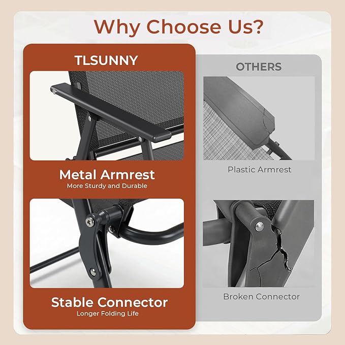 TLSUNNY Patio Folding Chairs Set of 2, Portable Dining Lawn Chairs, Outdoor Folded Furniture W/Breathable Textilene & Steel Frame, Armrests & Crossbar, All Weather for Pool, Camping (2, Black)