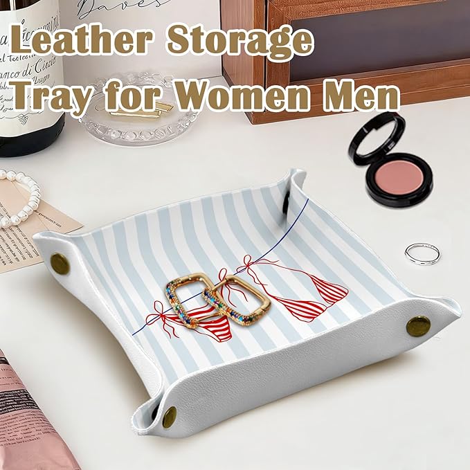 Coastal Grandma Decor Beach Jewelry Valet Tray for Women, Beach Lovers Gifts PU Leather Catchall Beside Caddy Nightstand Organizer Tray for Jewelry Rings Watches Keys Accessories, 7.87x7.87in