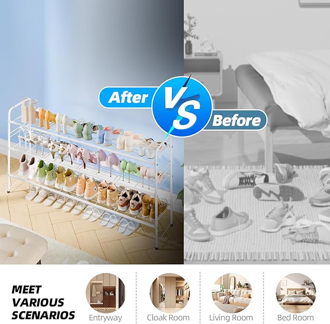 3 Tier Shoe Rack for Closet, 44 Inch Extra Long Shoe Storage Organizer for Shelves, Heavy Duty Metal, Easy Assembly, White
