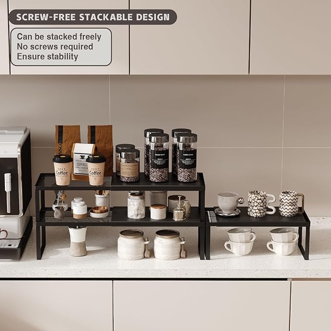 Magheo Expandable Cabinet Shelf Organizer, 2 Pack Stackable Kitchen Counter Shelf Riser, Metal Spice Rack Heavy Duty Countertop Organizer Storage for Kitchen, Pantry, Cupboard, Rv (5.9in Height,Black)