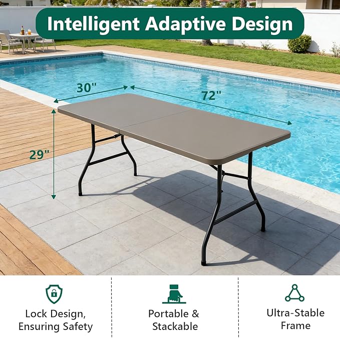 Folding Table 2 Pack, 6FT Heavy Duty Plastic Table with Handle, Foldable&Portable, Fold-in-Half Utility Tables for Outdoor, Dining, Wedding, Events, Indoor, Picnic, Camping, Party,Khaki
