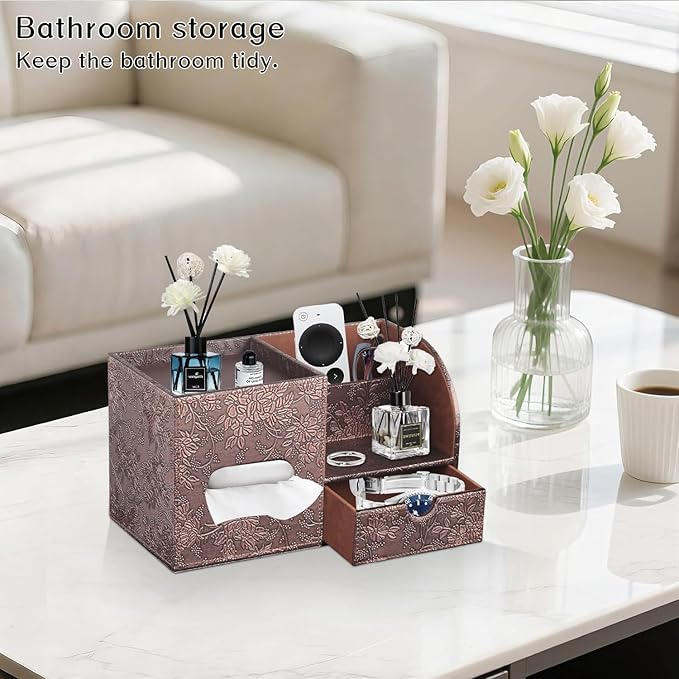 Square Tissue Box Cover with Drawer Storage and Tray on Top, PU Leather Tissues Cube Boxes Holder, Modern Nightstand Organizer Caddy, Remote Control Holder for Bathroom, Bedside, Office, Home