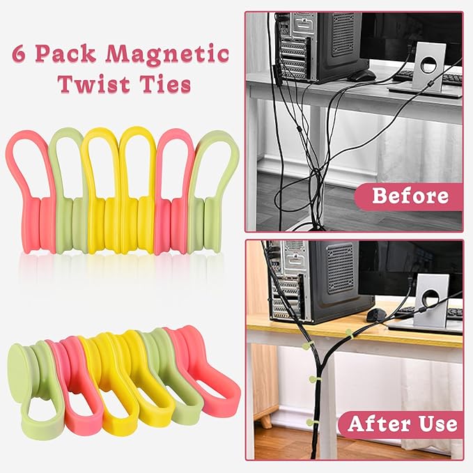 Viaky Magnetic Cable Ties 6-Pack, Reusable Silicone Cord Organizers for Desk Management, Quick-Snap Enclosed Magnetic Straps for USB and Appliance Cords - Red, Yellow, Green