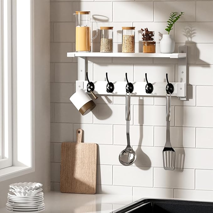 Oraich Wall Hooks with Shelf, Coat Rack Wall Mount for Coat Backpack Key Clothes Hanger, Wall Floating Shelf Hanging in Entryway, Living Room, Bathroom, Bedroom, Kitchen(White)