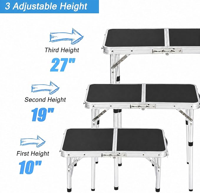 YUFIFAIRY Small Folding Table Portable, 24''L x16''W Foldable Camp Table with 3 Adjustable Height, Indoor Outdoor Lightweight Aluminum for Outdoor Cooking Picnic Black Table(10"/19"/27.5"