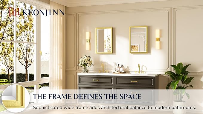 Keonjinn 16" x 24" Gold Bathroom Mirrors, Brushed Gold Framed Mirror, Beveled Tempered Glass, Shatterproof, Lightweight, Modern Farmhouse Rectangle Mirror for Decor, French Cleat Wall-Mounted Mirrors