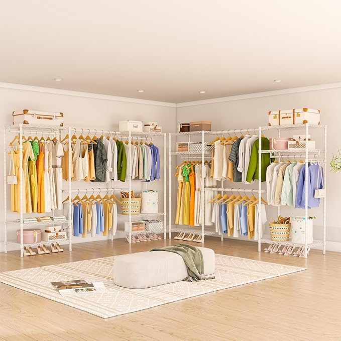 Heavy Duty Garment Rack, Portable Expandable Freestanding 4 Tiers Adjustable Wire Shelves Clothes Rack with 2 Retractable Poles, 70.9-86.6" L x 15.7" W x 76.8" H, Max Load 900LBS, White