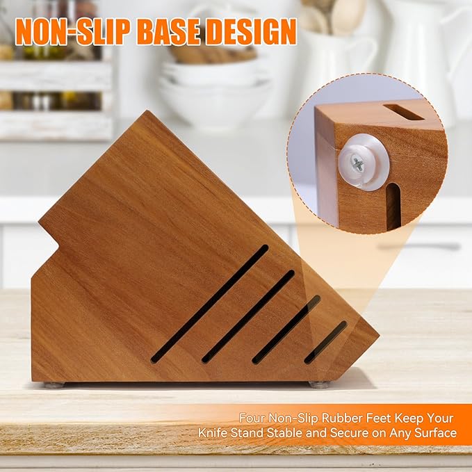 Teak Wood Knife Block Holder without Knives, 20 Slot Large Universal Wooden Knife Block Organizer with Wide Slots and Secure Stand, Countertop Butcher Block for Kitchen Storage