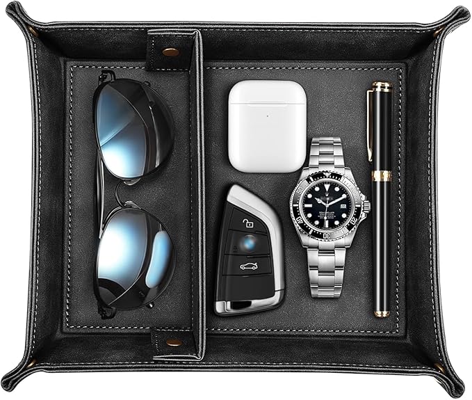 SITHON Valet Tray Desktop Storage Organizer, Removable 2 Compartments Catchall Tray Bedside Vanity Nightstand Caddy Holder Desk Storage Plate, Graduation, Black
