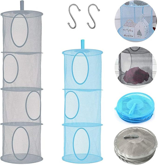 2pcs Hanging Mesh Storage Organizer Bag Foldable Space Saving Organizer with 2pcs S Hooks for Room Bathroom Wall Balcony Wardrobe(Grey，Blue)