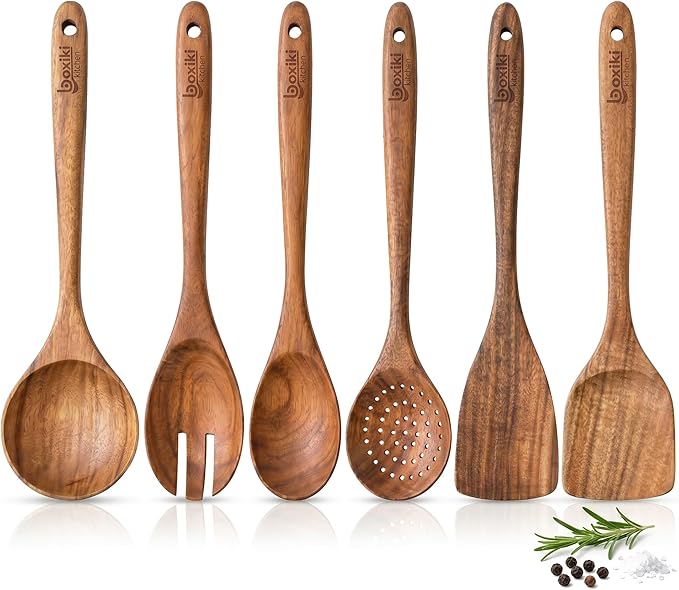 Boxiki Kitchen Luxury Teak Wood Utensil Set - Elegant 6-Piece Cooking Ensemble Including Spoons, Server, Scraper & Spatula - Expertly Crafted for Culinary Excellence