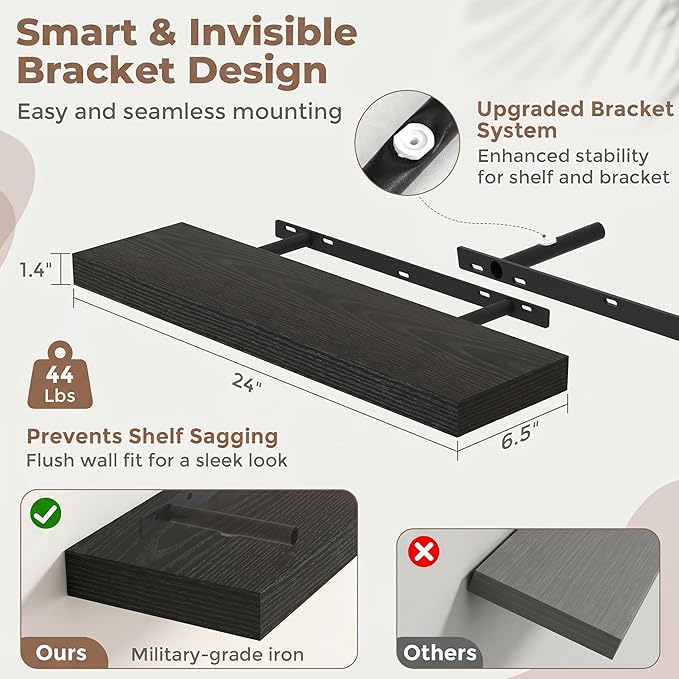 Venusmiles Floating Shelves for Wall, 24 Inch Floating Shelves Set of 2, 6.5" D Wooden Wall Mounted Display Shelves with Invisible Brackets for Living Room, Bedroom, Bathroom, Kitchen Decor, Black